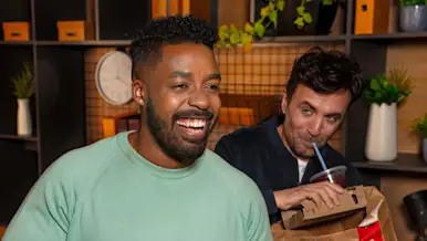 DDfB two men receiving DoorDash bags, man drinking