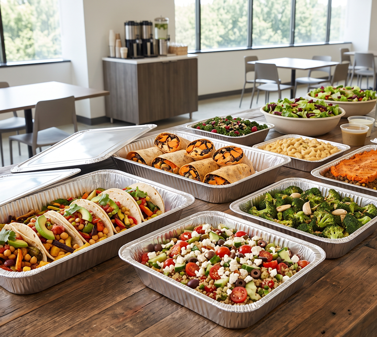 A table with vegetarian and vegan catering options.