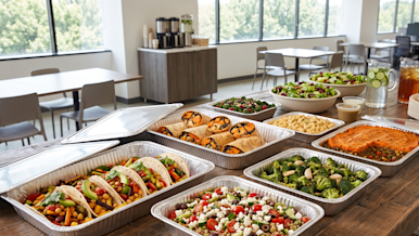 A table with vegetarian and vegan catering options.