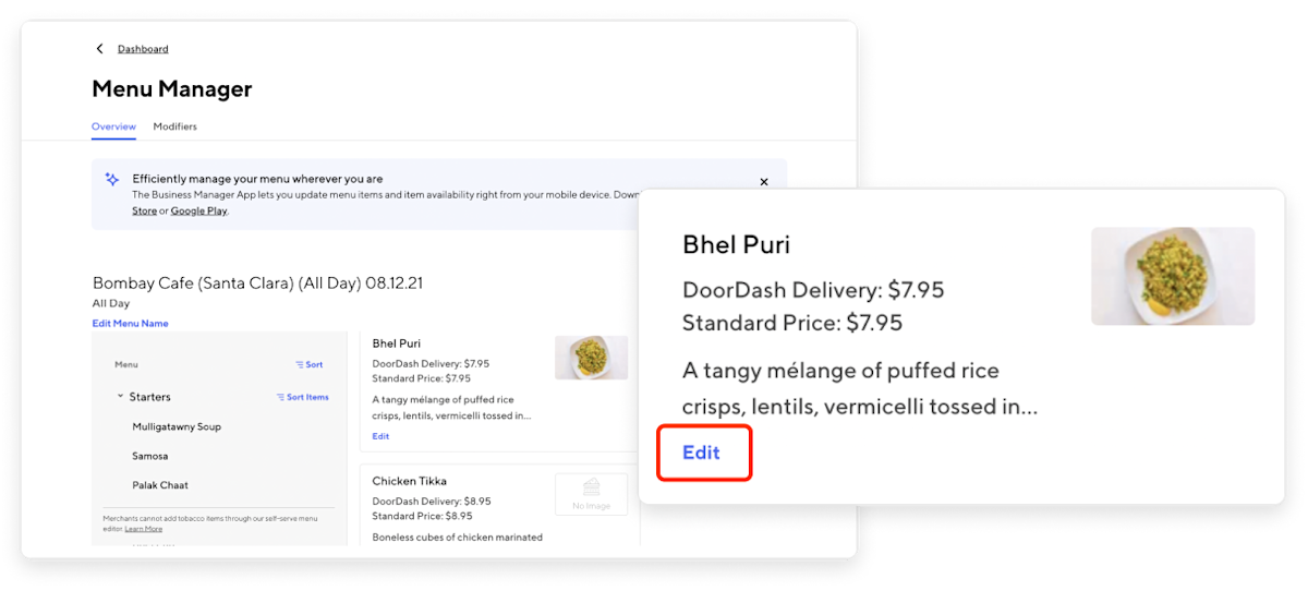 Merchant Portal - Edit Menu Item