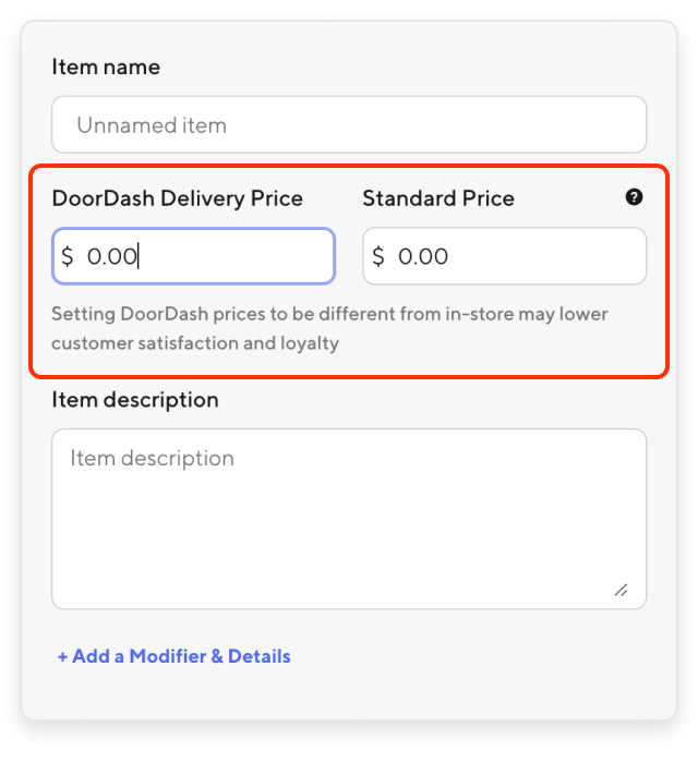 Merchant Portal - Menu Price