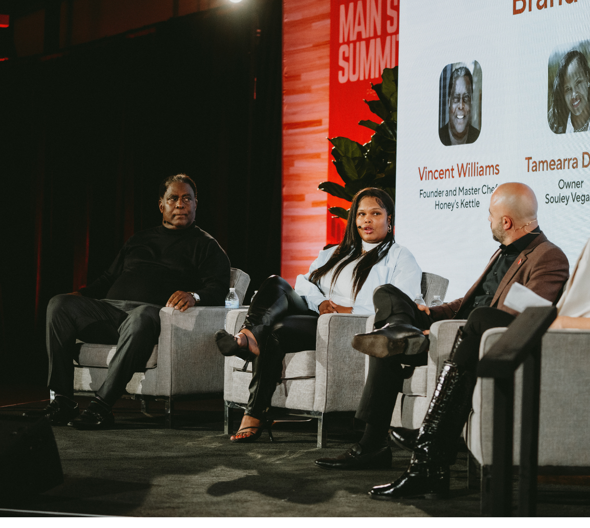 Vincent Williams, Tamearra Dyson, and Shawn Lalehzarian speaking on stage at MSS: LA