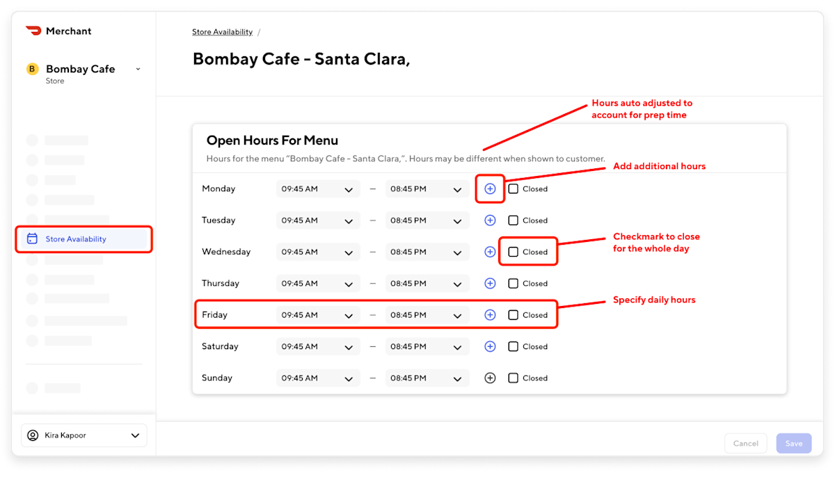 Merchant Portal - Open Hours for Menu