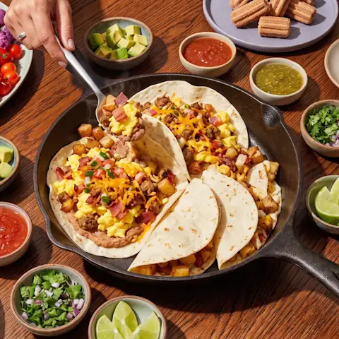 Tex-Mex style breakfast tacos in a skillet