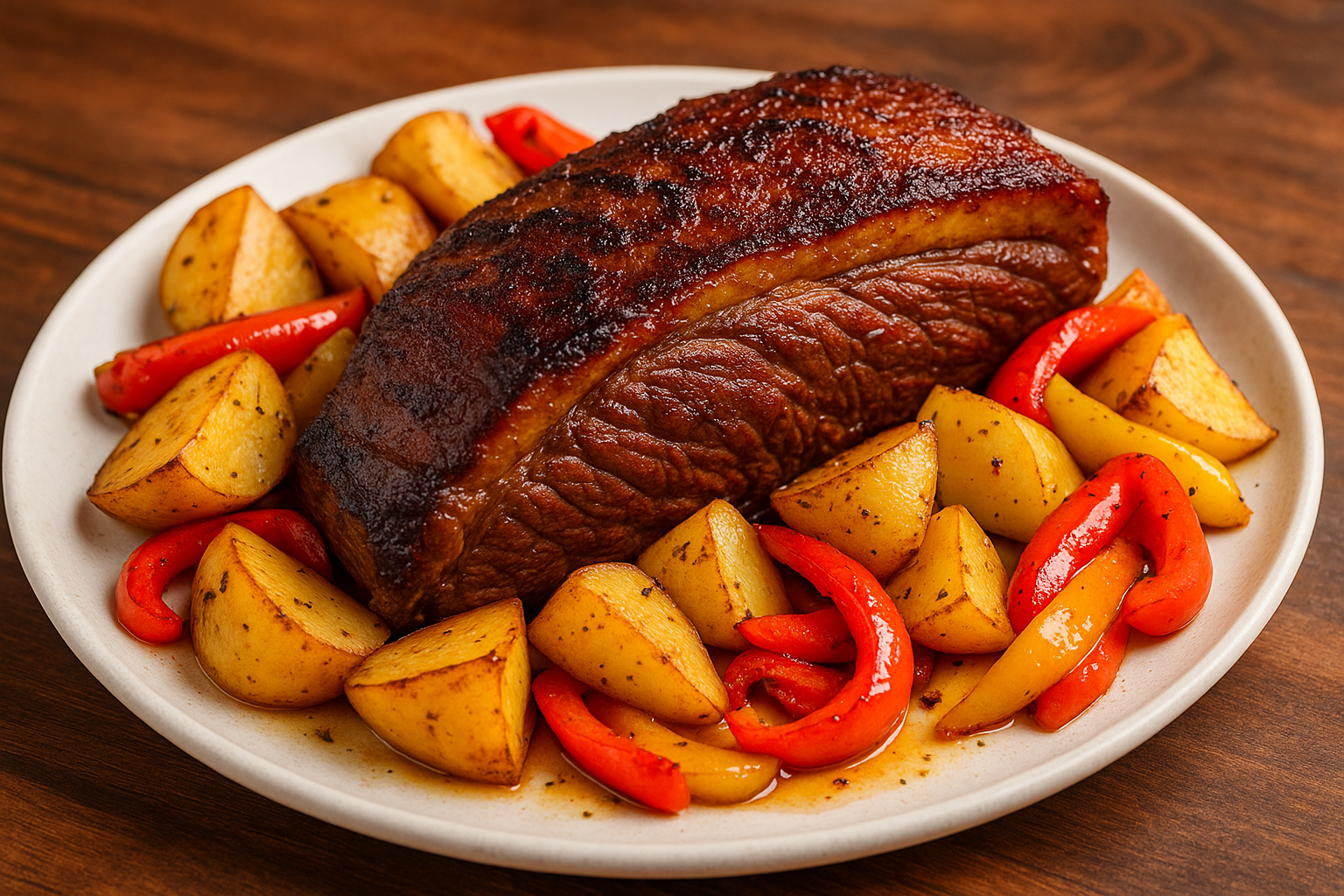 Picaña al horno con papas y pimientos