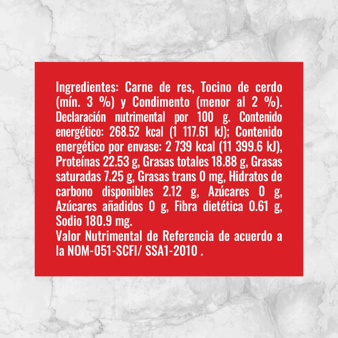 80154 HAMBURGUESA RES CON TOCINO MM 1.02Kg info nutrimental