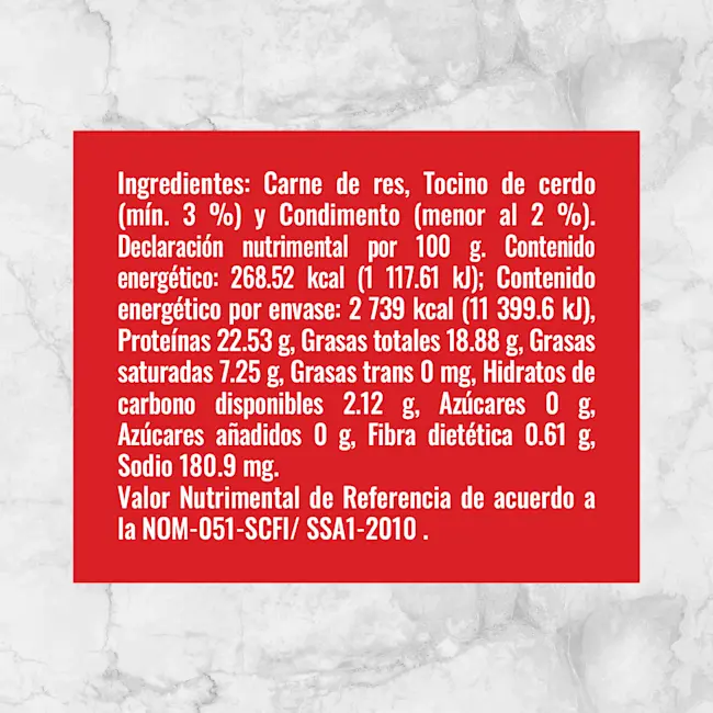 80154 HAMBURGUESA RES CON TOCINO MM 1.02Kg info nutrimental