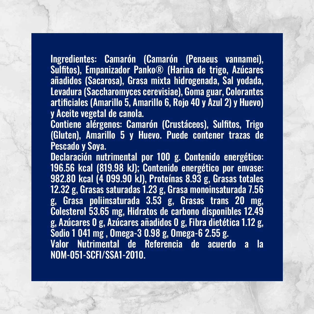 80222 CAMARONES EMPANIZADOS CON PANKO 41 50 CON COLA COCIDOS Info Nutrimental