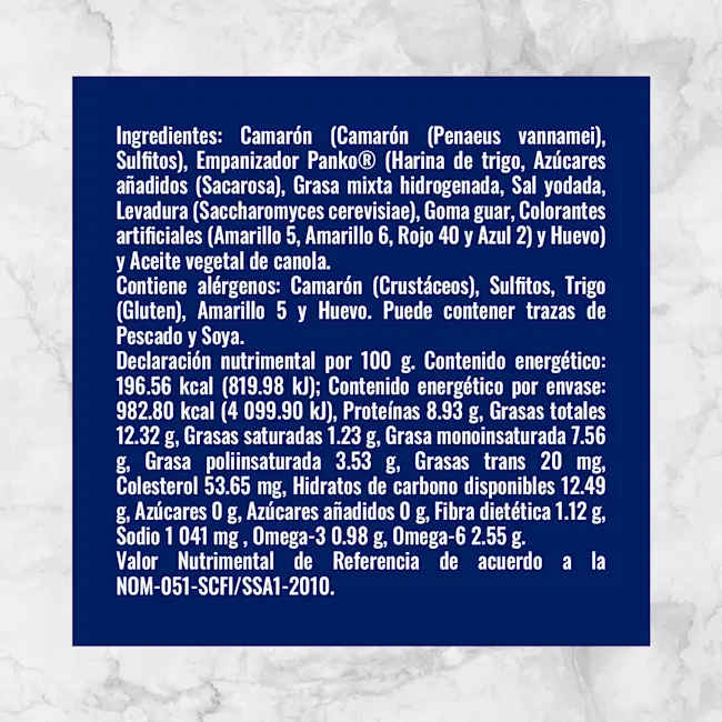 80222 CAMARONES EMPANIZADOS CON PANKO 41 50 CON COLA COCIDOS Info Nutrimental