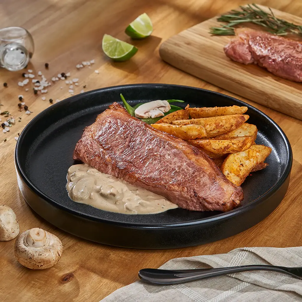 NEW YORK EN MANTEQUILLA DE AJO Y SALSA CREMOSA DE HONGOS