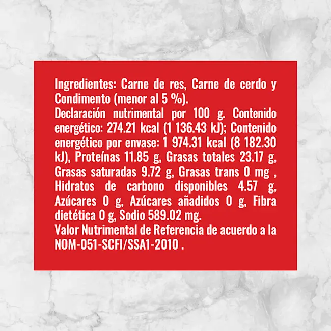 81587 Hamburguesa de res Sazonado arrachera Info nutrimental