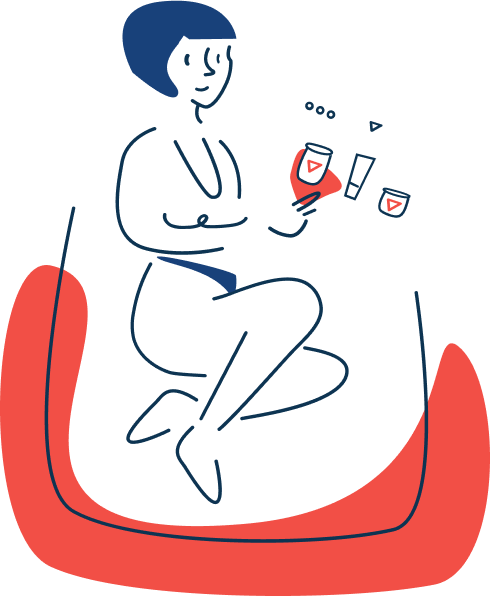 Illustration of someone seated, interacting with a screen where Wisp products are displayed