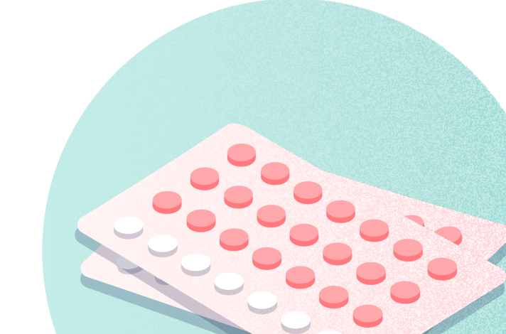 Two packets of red and white birth control pills on an aqua background