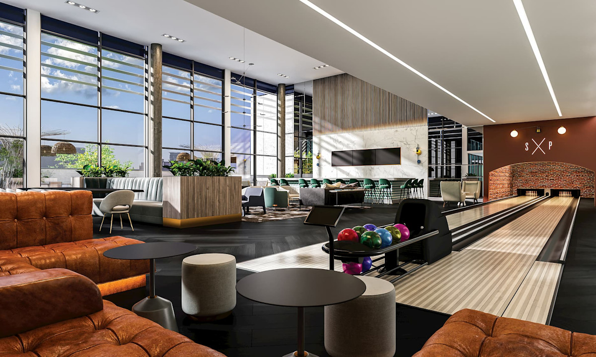 Rendering of the bowling lounge at Union Towers
