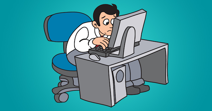 cartoon of man sitting very close to computer screen