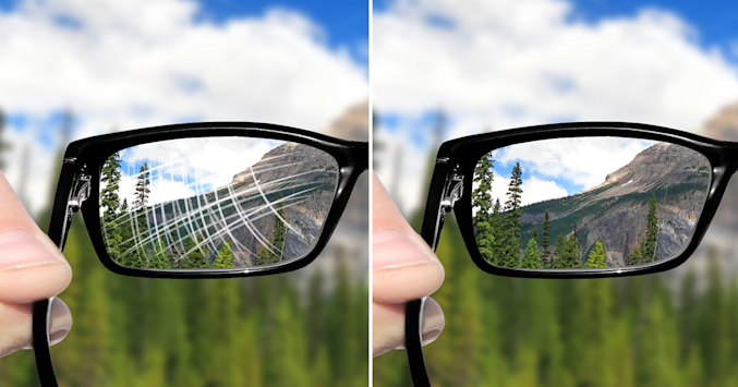side-by-side of scratched and unscratched eyeglass lenses