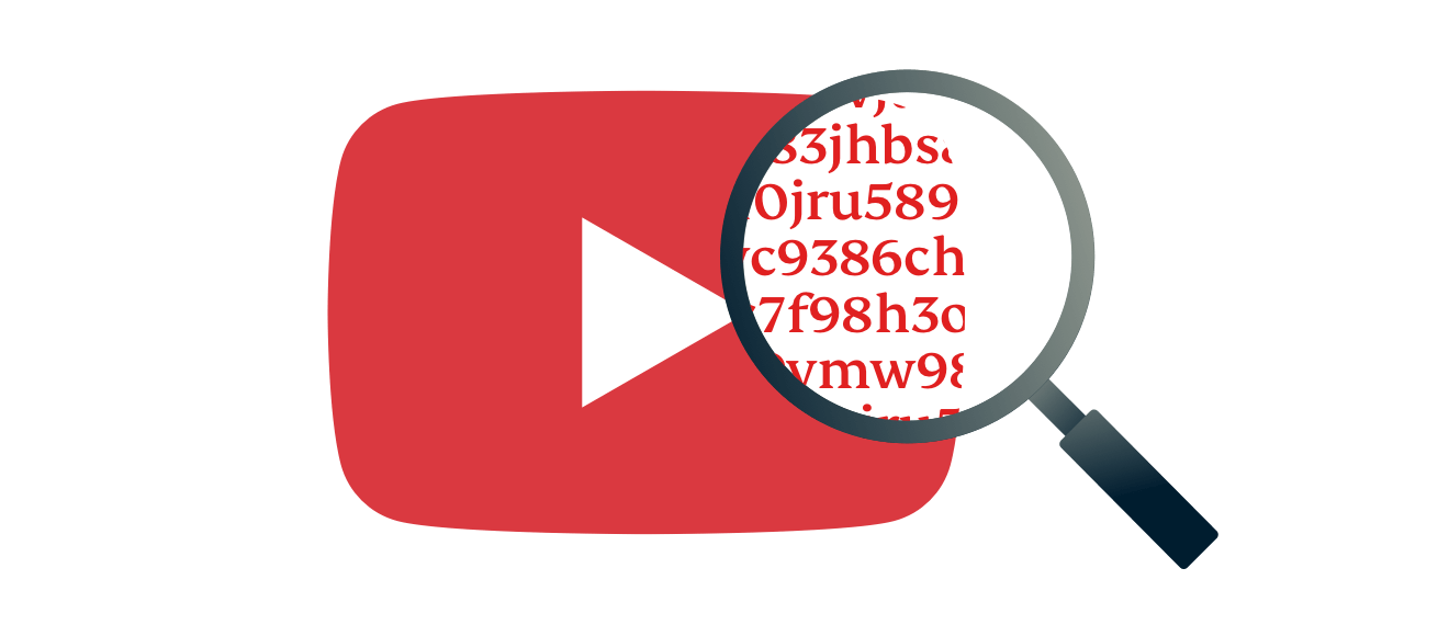 Magnifying class hovering over YouTube play button icon showing encrypted information.