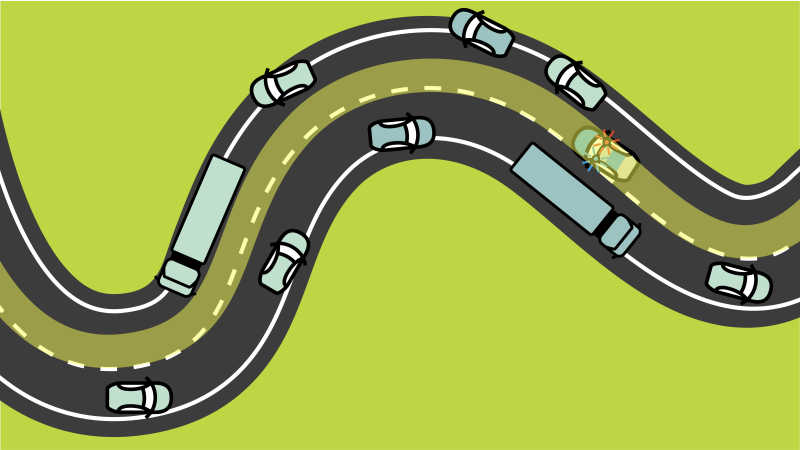 Die Illustration zeigt eine kurvige Straße. Die Fahrzeuge sind am jeweiligen Rand ihrer Fahrspur, um einem Polizeifahrzeug die Durchfahrt zu gewähren. 