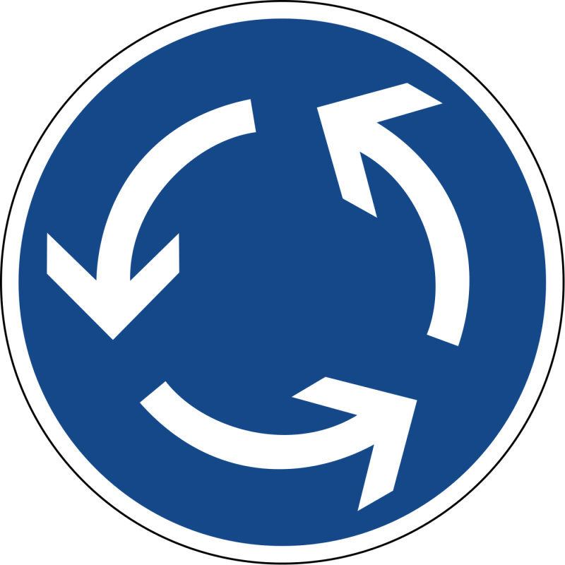 Das Verkehrszeichen für den Kreisverkehr zeigt auf blauem Hintergrund drei weiße Pfeile, die gegen den Uhrzeigersinn kreisen.