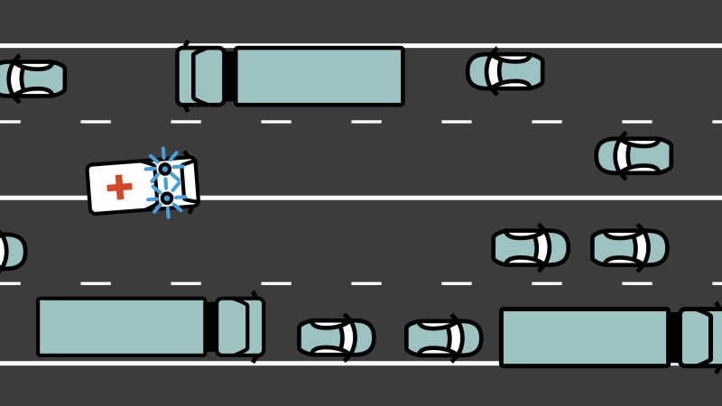 Die Illustration zeigt einen Krankenwagen der auf die Gegenfahrbahn fährt um einen Stau zu umfahren.