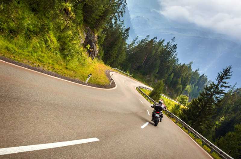 Das Bild zeigt einen Motorradfahrer auf einer Bergstraße gesäumt von Tannen.
