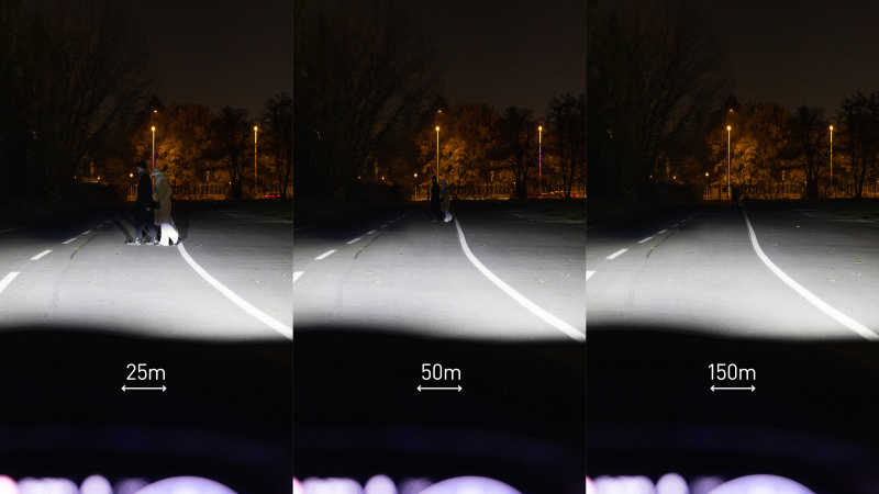 Eine Collage aus drei Bildern zeigt zwei Personen, eine in heller und die andere in dunkler Kleidung, die eine Straße in einer Entfernung von 25, 50 und 150 Metern überqueren.