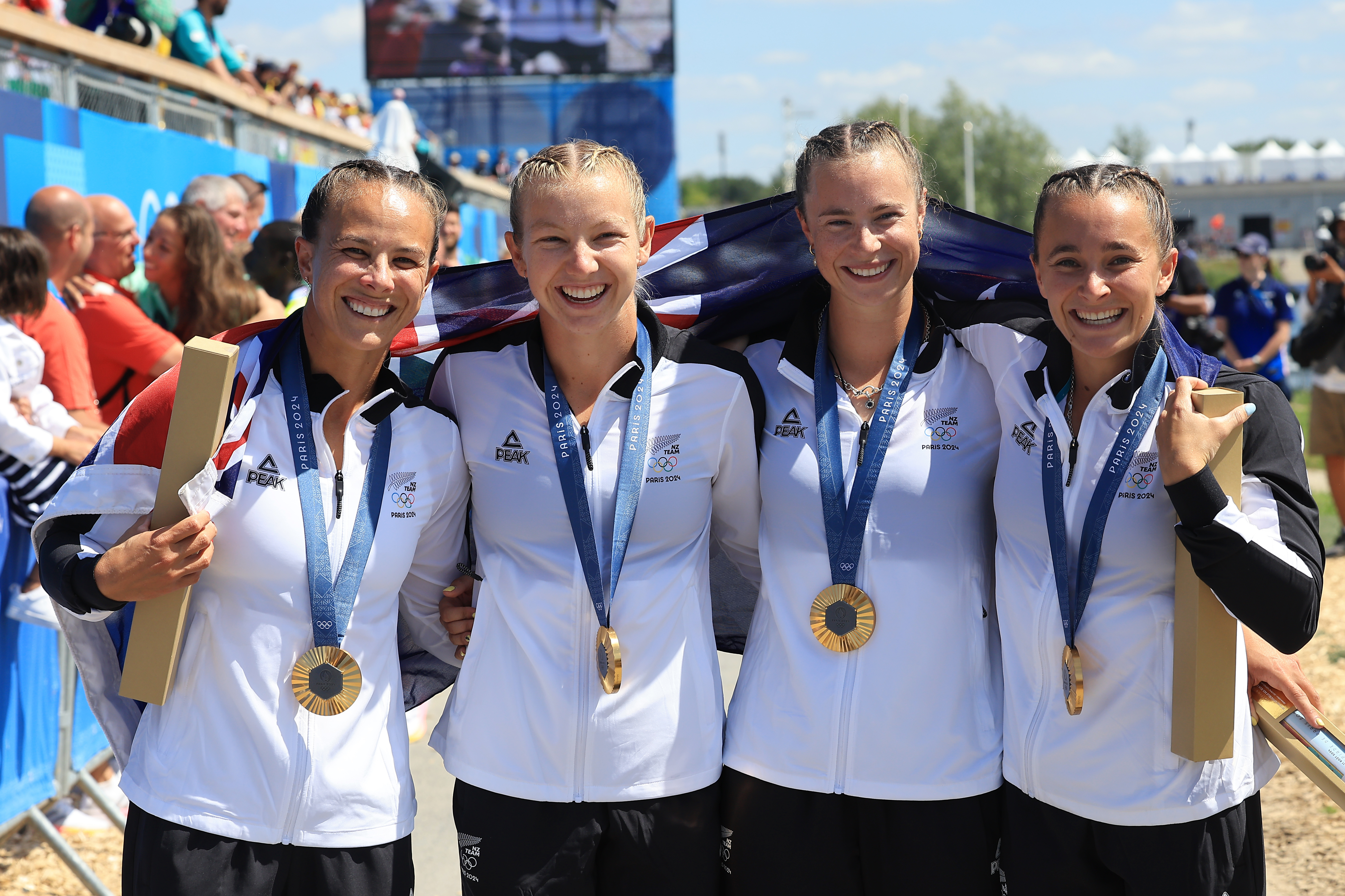 Olivi Brett, Lisa Carrington, Alicia Hoskin, Tara Vaughan from New Zealand at Paris 2024 - Iain McGregor, Photosport
