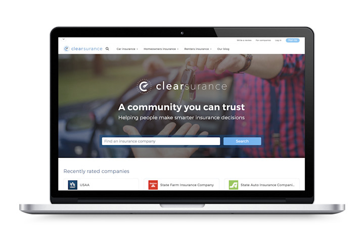 A laptop screen with Clearsurance's homepage on it.