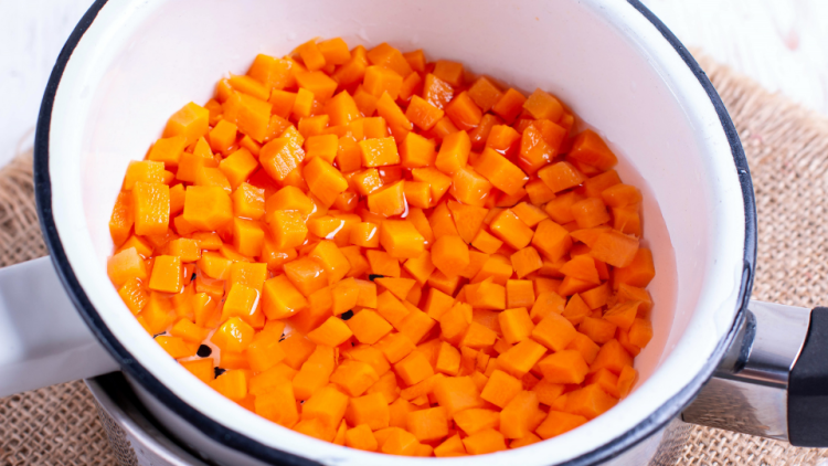Cubed carrots in a pan