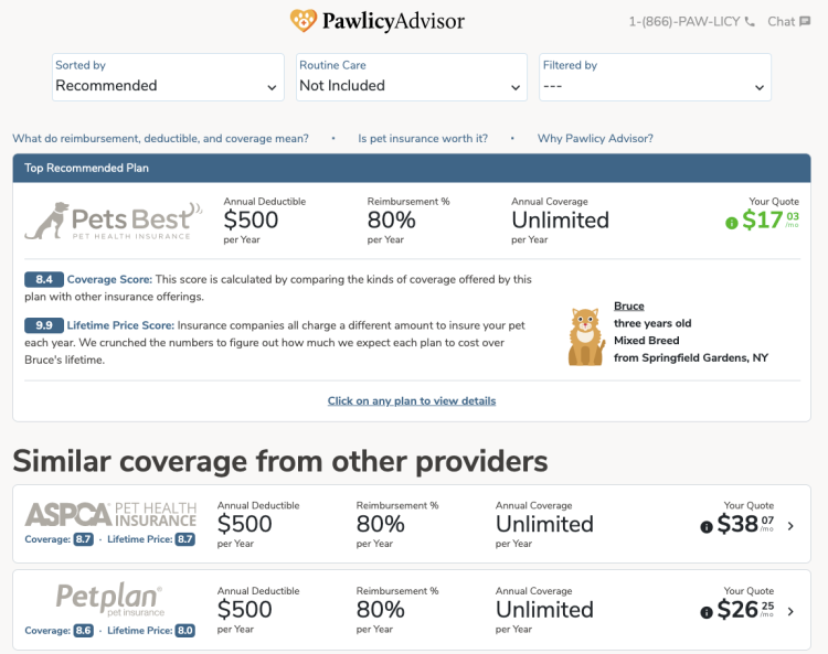pawlicy advisor pet insurance quotes page