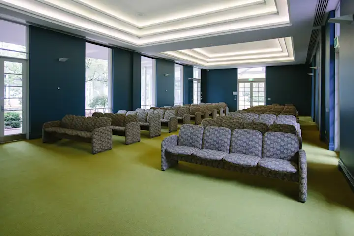 Rows of chairs in the chapel interior, Altona Memorial Park