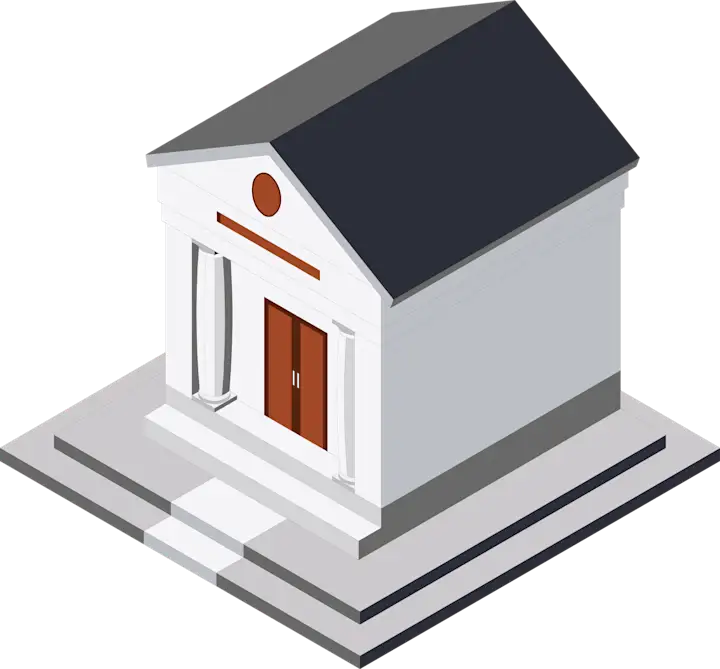 Exterior view of private mausoleum building (Illustration)