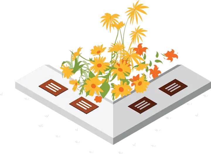 Memorial plaques on the edge of a garden bed (Illustration)