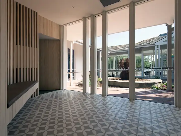 Seating in the foyer to the function room at Altona Memorial Park, looking back towards the chapels