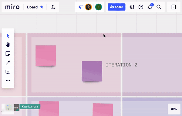 If you are working with multiple facilitators or presenters, it’s possible to follow them by selecting their avatar and using ‘Follow’ functionality. This way you can easily switch between different areas of the board and follow what other participants do.