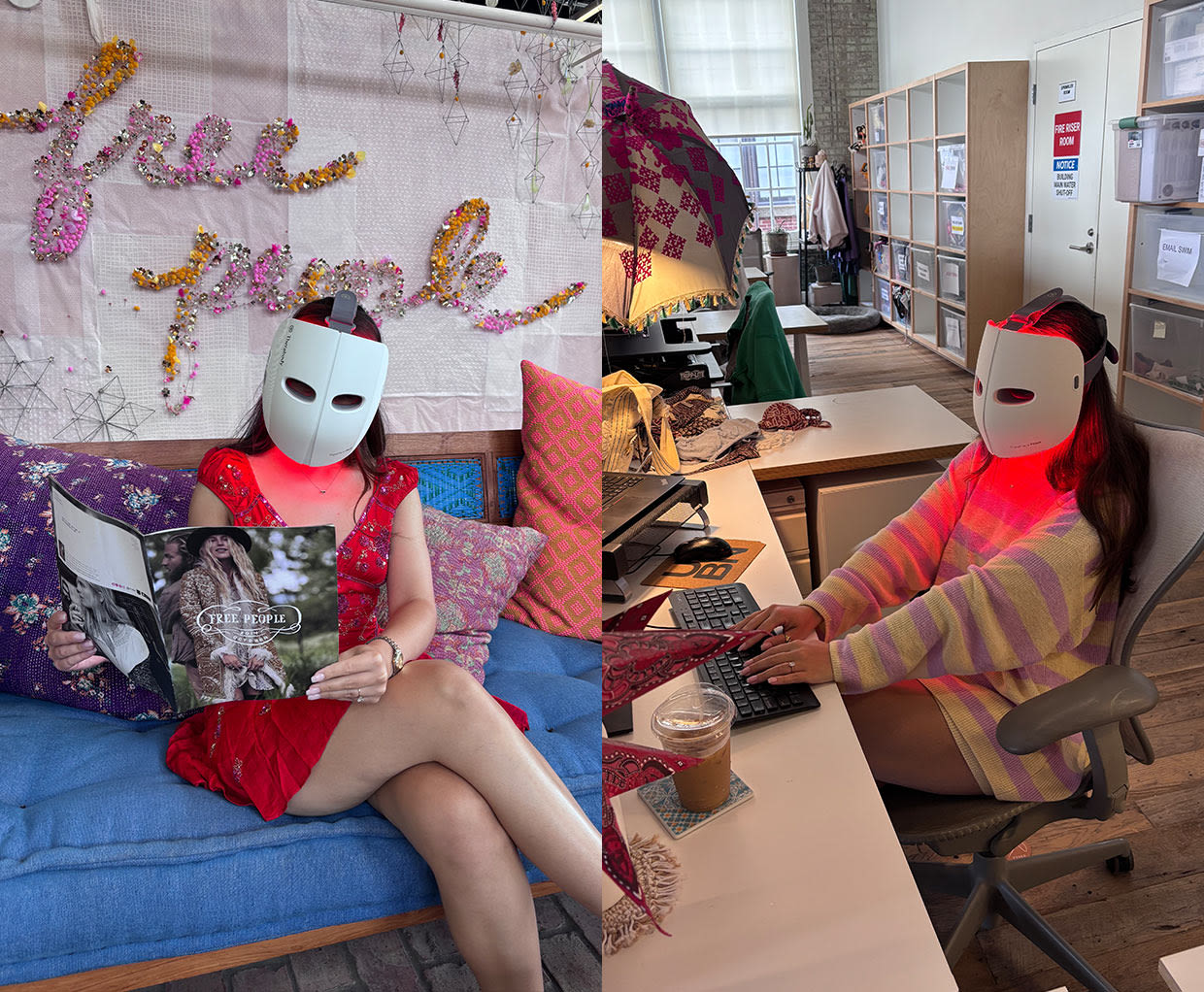 Girl wearing red light mask in different outfits