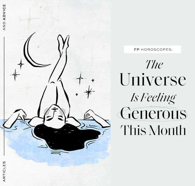 an image of a woman laying in the water looking up at the moon. The text reads "FP Horoscopes: The Universe Is Feeling Generous This Month"