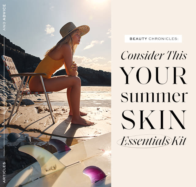 The text "Beauty Chronicles: Consider This Your Summer Skin Essentials Kit" over an image of a woman on the beach in a yellow bikini.
