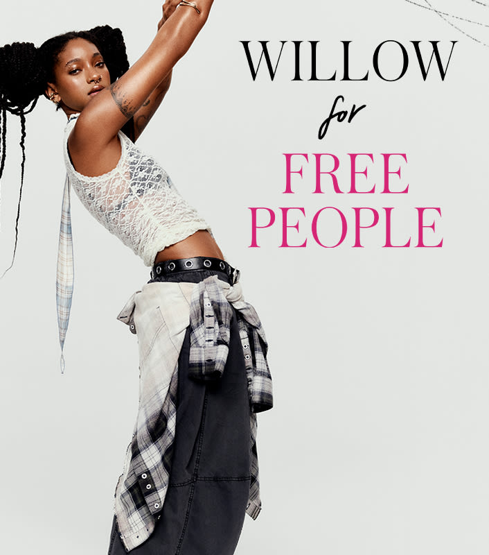 Woman in white lace top and plaid pants poses dynamically with text reading Willow for FREE PEOPLE on beige background.