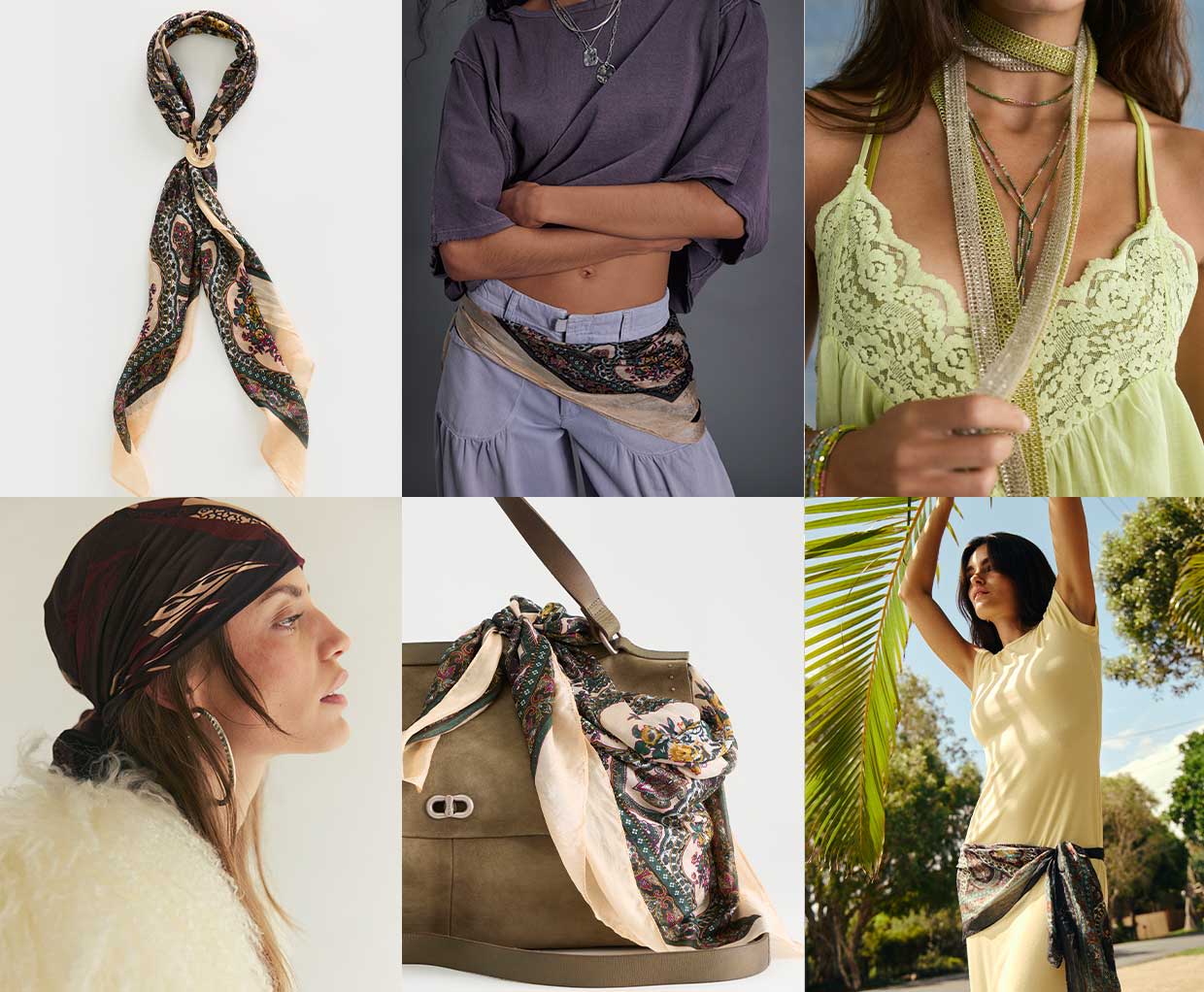 Collage showing paisley print scarf styled six ways: tied, as belt, with necklaces, headband, on bag, and at waist.
