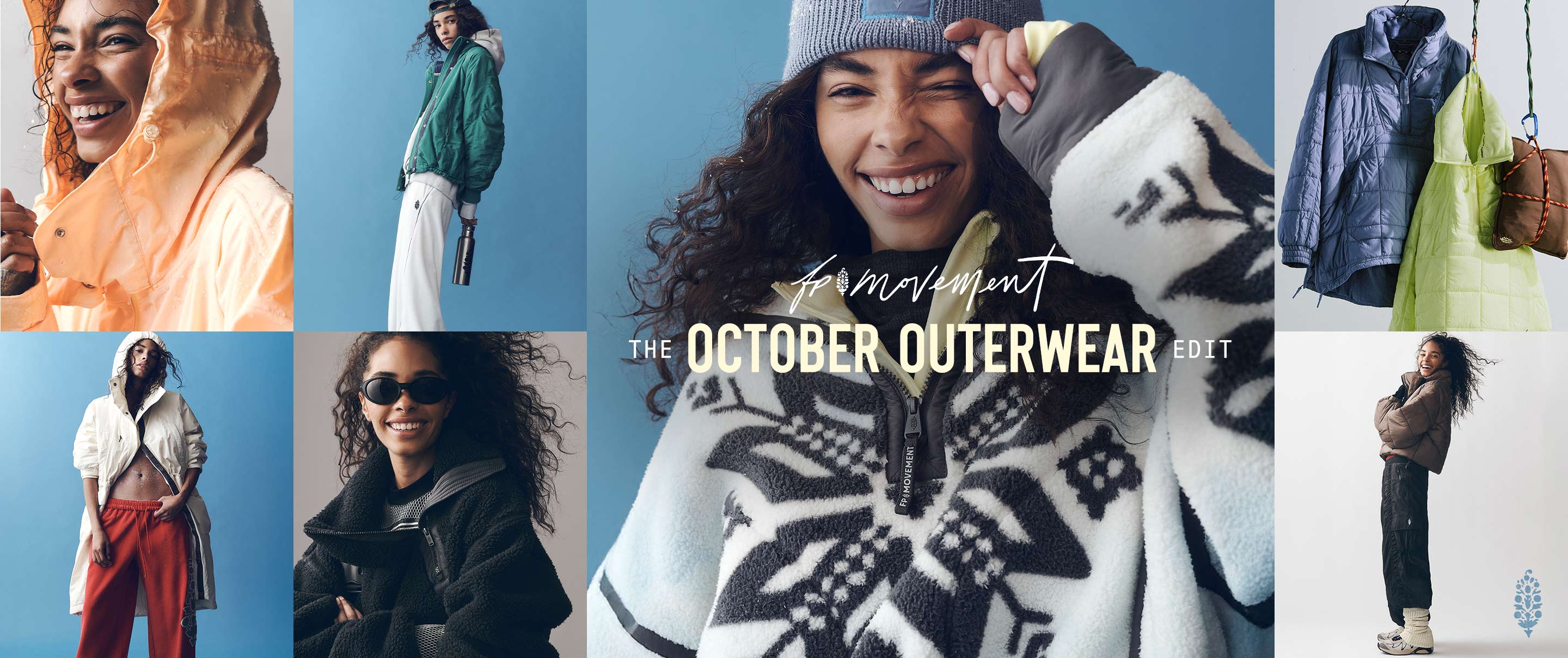 Collage of diverse models wearing fall outerwear including jackets, coats, and sweaters with text "The October Outerwear Edit"
