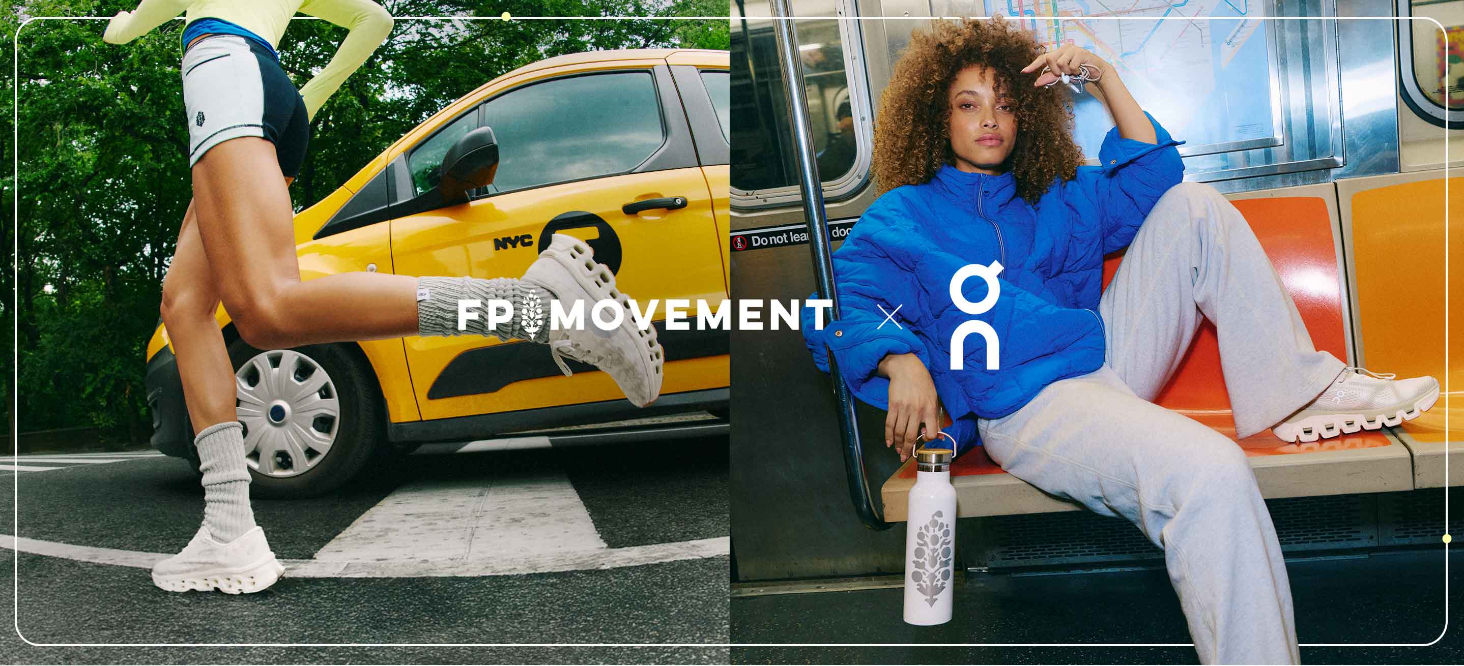 Split image: left shows person in athletic wear by yellow NYC taxi, right shows woman in blue jacket on subway bench.
