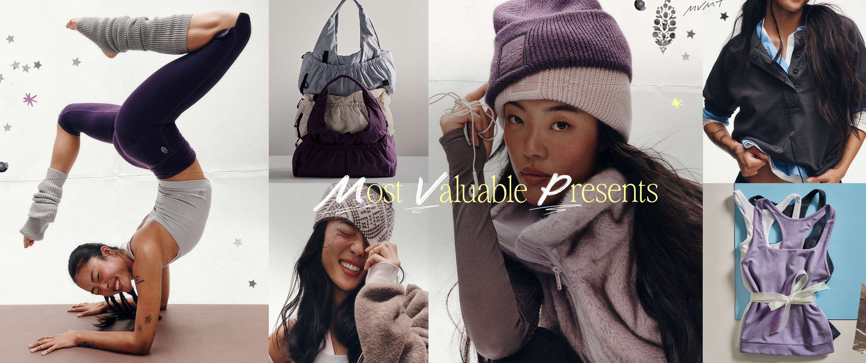 Collage of women in athletic wear including leggings, bags, and beanies with text overlay reading Most Valuable Presents.