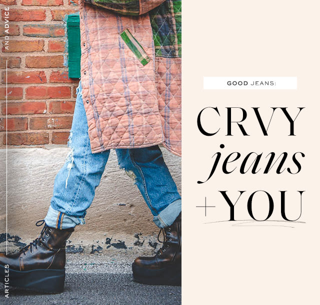 A picture of a person walking wearing jeans with text that reads "CRVY Jeans + You"
