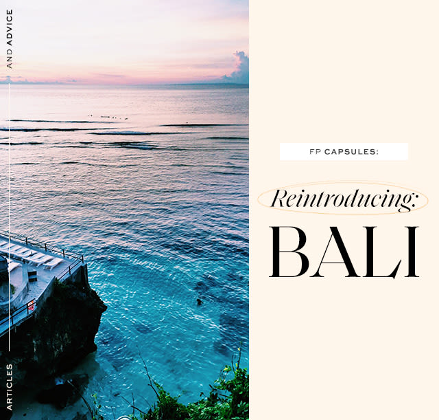 "FP Capsules: Reintroducing: BALI" over a picture of a sunset over the water in Bali
