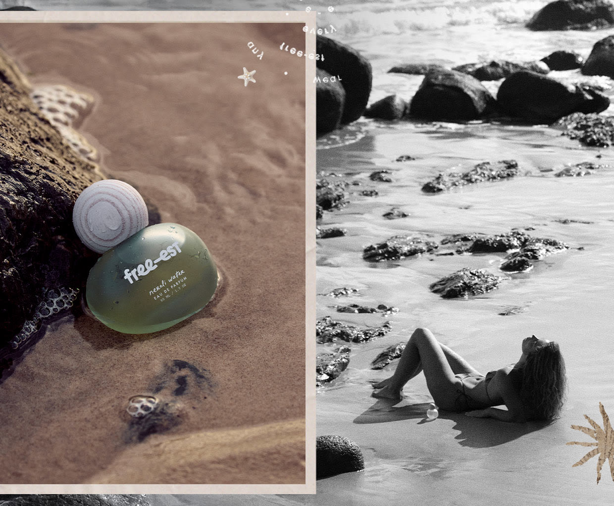 Beach scene. Girl with perfume on eye.