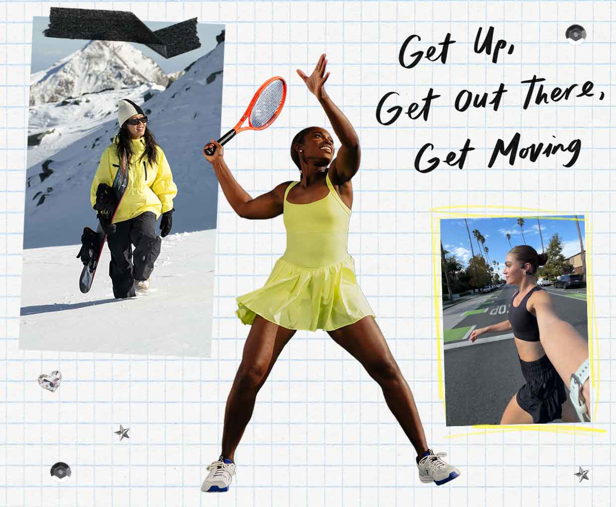 Girls running, hiking, playing tennis and at the farmers market