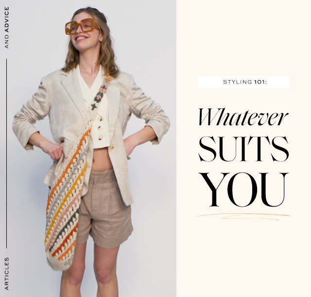 Text reading "Whatever Suits You" over an image of two women wearing tan suits.