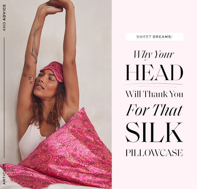 Woman laying on dark pink paisley patterned silk pillowcase. Sweet Dreams: Why Your Head Will Thank You For That Silk Pillowcase Consider it a smooth operator…