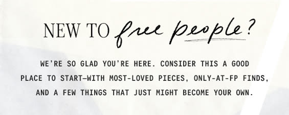 Welcome banner with text "NEW TO free people" in mixed serif and script fonts on a light textured background.